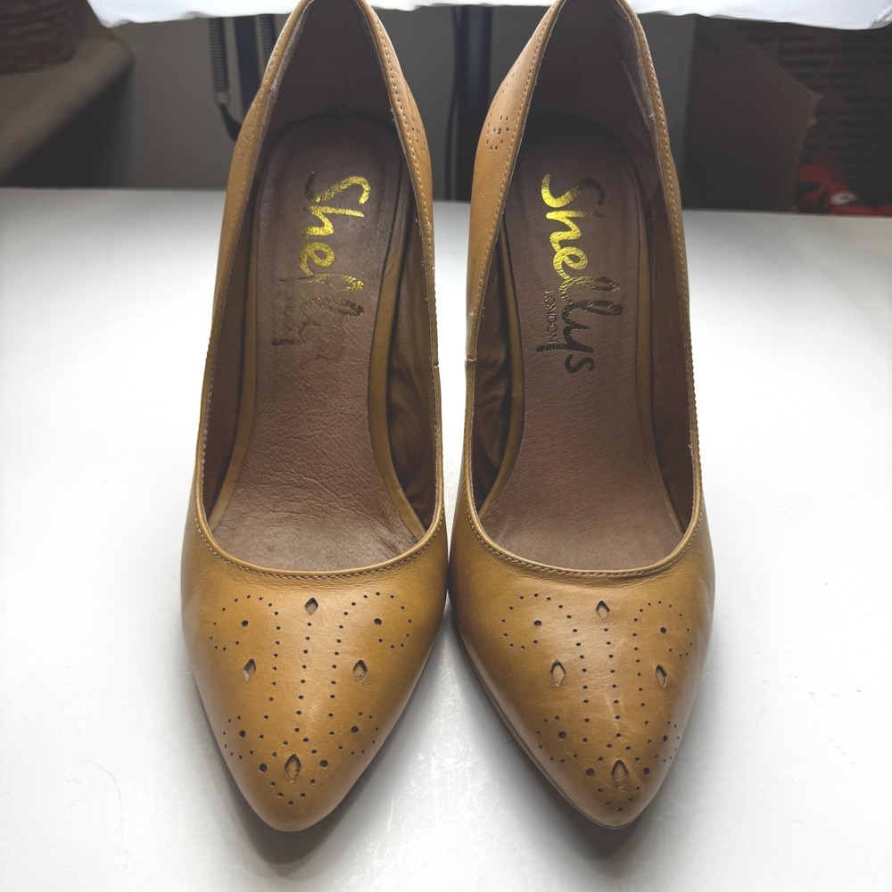 Shellys London Tan Leather Pointed Toe Brogue Perforated Stiletto Pumps Heels